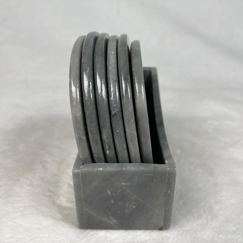 Natural Stone Gray Marble Round Coaster Set 6 w/ Holder Contemporary Red Felt